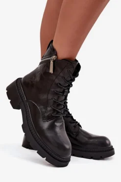 Damskie Trapery|Botki Sznurowane></noscript>Big Star Shoes Skórzane Botki Workery Damskie Ocieplane Big Star SS274452 Czarne Czarny