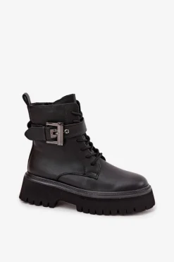 Online Skórzane Botki Workery Damskie Ocieplane Z Ozdobną Klamrą D&A MK52-032 Czarne Damskie Botki Ocieplane|Botki Skórzane