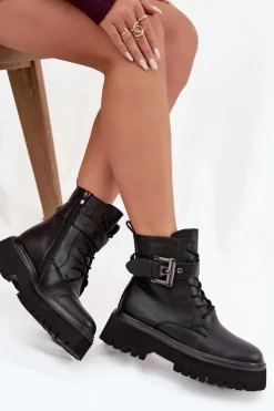 Online Skórzane Botki Workery Damskie Ocieplane Z Ozdobną Klamrą D&A MK52-032 Czarne Damskie Botki Ocieplane|Botki Skórzane