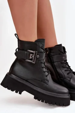 Online Skórzane Botki Workery Damskie Ocieplane Z Ozdobną Klamrą D&A MK52-032 Czarne Damskie Botki Ocieplane|Botki Skórzane