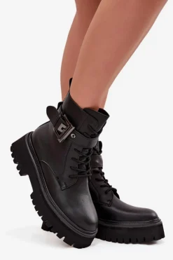 Online Skórzane Botki Workery Damskie Ocieplane Z Ozdobną Klamrą D&A MK52-032 Czarne Damskie Botki Ocieplane|Botki Skórzane
