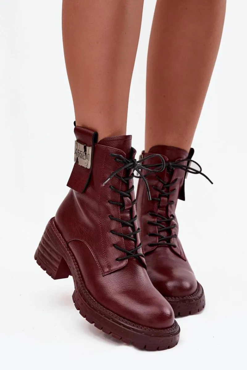 Botki Ocieplane|Botki Skórzane>Artiker Skórzane Botki Workery Damskie Na Klocku Z Ozdobnym Detalem 57C0211 Bordowe Czerwony