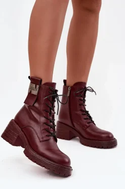 Botki Ocieplane|Botki Skórzane>Artiker Skórzane Botki Workery Damskie Na Klocku Z Ozdobnym Detalem 57C0211 Bordowe Czerwony