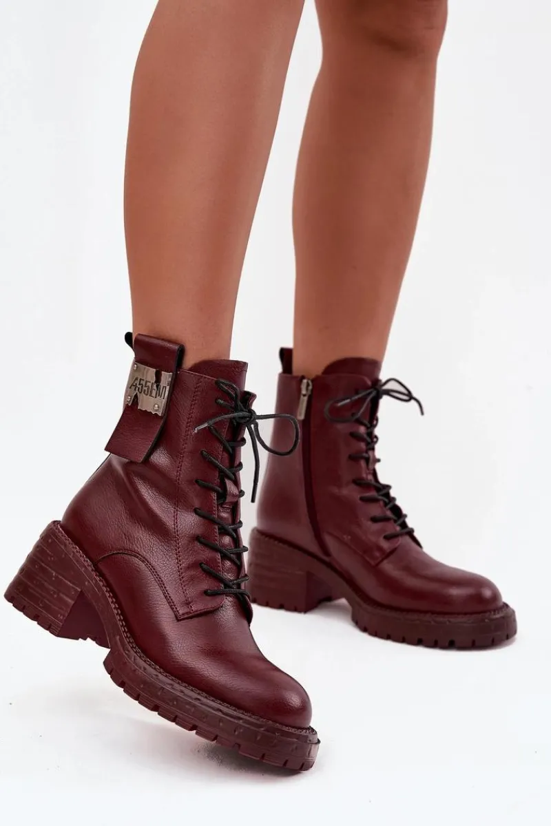 Botki Ocieplane|Botki Skórzane>Artiker Skórzane Botki Workery Damskie Na Klocku Z Ozdobnym Detalem 57C0211 Bordowe Czerwony
