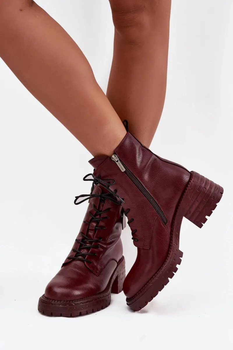 Botki Ocieplane|Botki Skórzane>Artiker Skórzane Botki Workery Damskie Na Klocku Z Ozdobnym Detalem 57C0211 Bordowe Czerwony