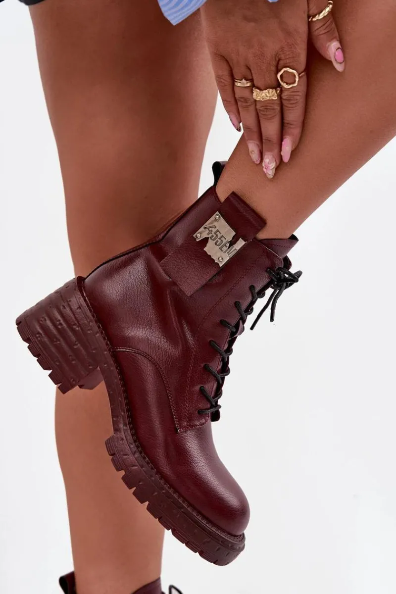 Botki Ocieplane|Botki Skórzane>Artiker Skórzane Botki Workery Damskie Na Klocku Z Ozdobnym Detalem 57C0211 Bordowe Czerwony