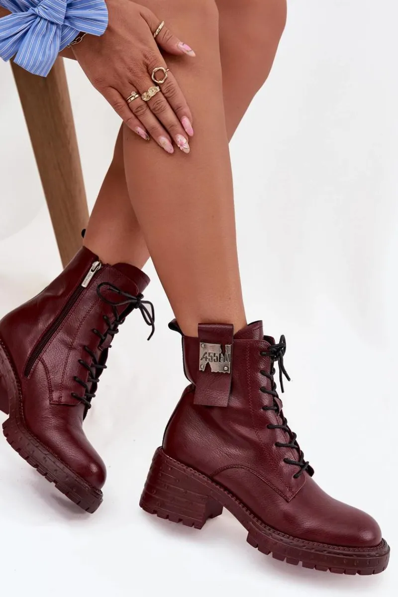 Botki Ocieplane|Botki Skórzane>Artiker Skórzane Botki Workery Damskie Na Klocku Z Ozdobnym Detalem 57C0211 Bordowe Czerwony
