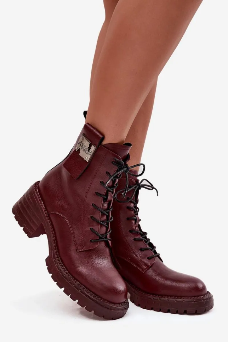Botki Ocieplane|Botki Skórzane>Artiker Skórzane Botki Workery Damskie Na Klocku Z Ozdobnym Detalem 57C0211 Bordowe Czerwony
