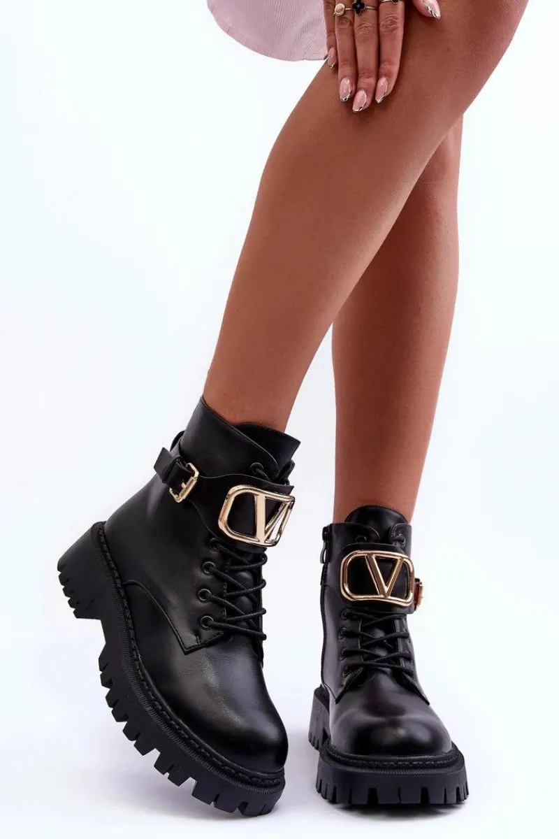 New Skórzane Botki Workery Damskie Z Ozdobą Czarne Lalede Damskie Botki Sznurowane|Czarne Botki
