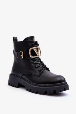 New Skórzane Botki Workery Damskie Z Ozdobą Czarne Lalede Damskie Botki Sznurowane|Czarne Botki