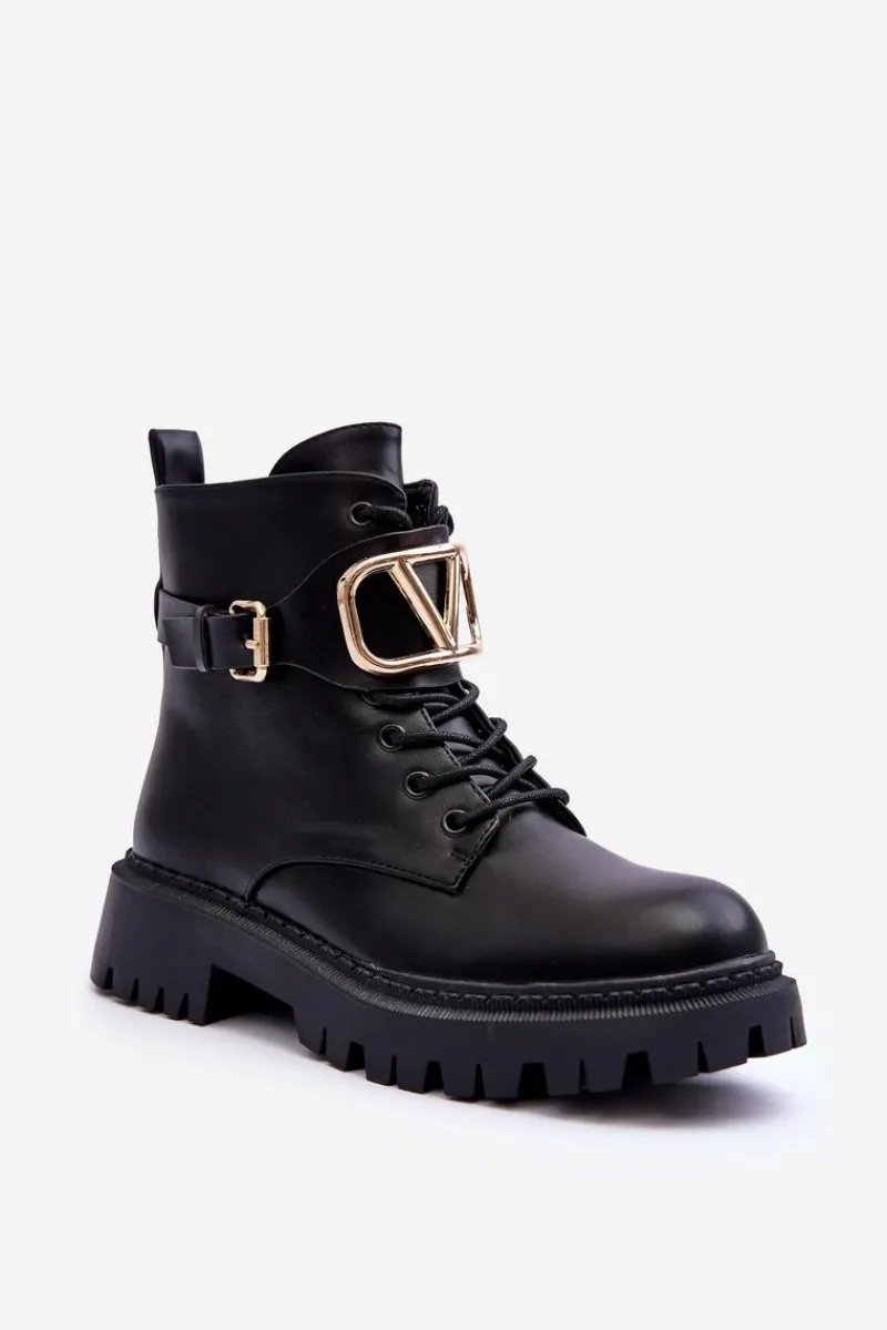 New Skórzane Botki Workery Damskie Z Ozdobą Czarne Lalede Damskie Botki Sznurowane|Czarne Botki