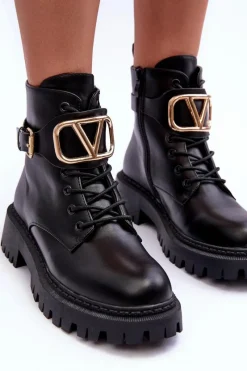 New Skórzane Botki Workery Damskie Z Ozdobą Czarne Lalede Damskie Botki Sznurowane|Czarne Botki