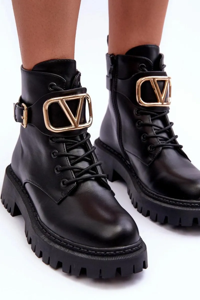 New Skórzane Botki Workery Damskie Z Ozdobą Czarne Lalede Damskie Botki Sznurowane|Czarne Botki