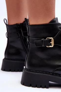 New Skórzane Botki Workery Damskie Z Ozdobą Czarne Lalede Damskie Botki Sznurowane|Czarne Botki