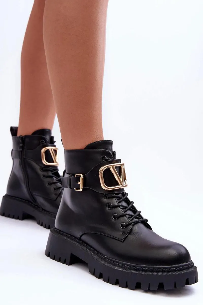 New Skórzane Botki Workery Damskie Z Ozdobą Czarne Lalede Damskie Botki Sznurowane|Czarne Botki