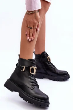 New Skórzane Botki Workery Damskie Z Ozdobą Czarne Lalede Damskie Botki Sznurowane|Czarne Botki