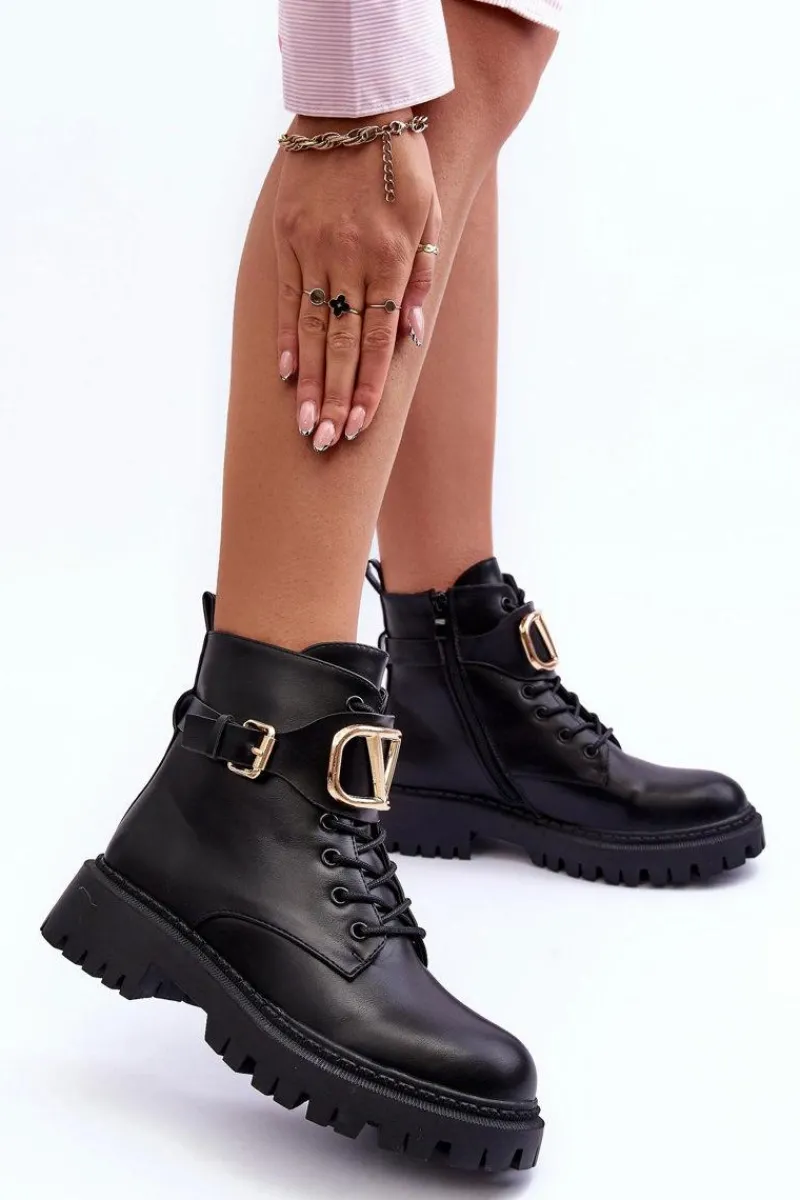 New Skórzane Botki Workery Damskie Z Ozdobą Czarne Lalede Damskie Botki Sznurowane|Czarne Botki