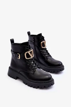 New Skórzane Botki Workery Damskie Z Ozdobą Czarne Lalede Damskie Botki Sznurowane|Czarne Botki