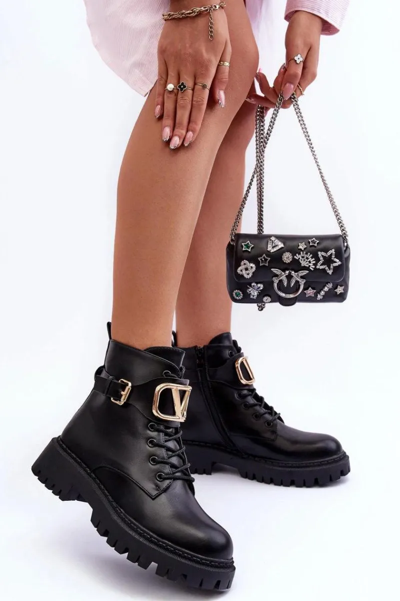 New Skórzane Botki Workery Damskie Z Ozdobą Czarne Lalede Damskie Botki Sznurowane|Czarne Botki