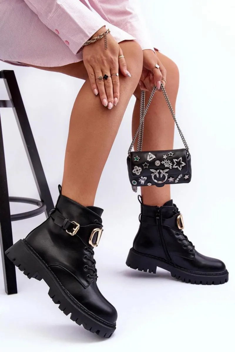 New Skórzane Botki Workery Damskie Z Ozdobą Czarne Lalede Damskie Botki Sznurowane|Czarne Botki