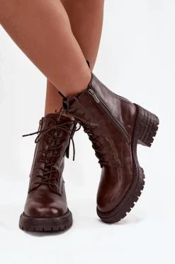 Botki Ocieplane|Botki Skórzane>Artiker Skórzane Botki Workery Damskie Na Klocku Z Ozdobnym Detalem 57C0213 Brązowe Brązowy