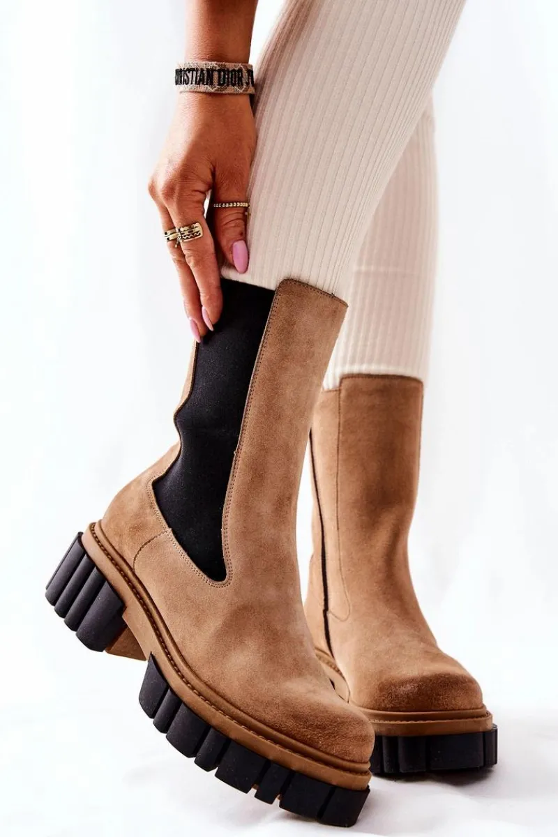 Botki Zimowe Damskie|Brązowe I Beżowe Botki>Laura Messi Skórzane Botki Workery Beżowe 2421