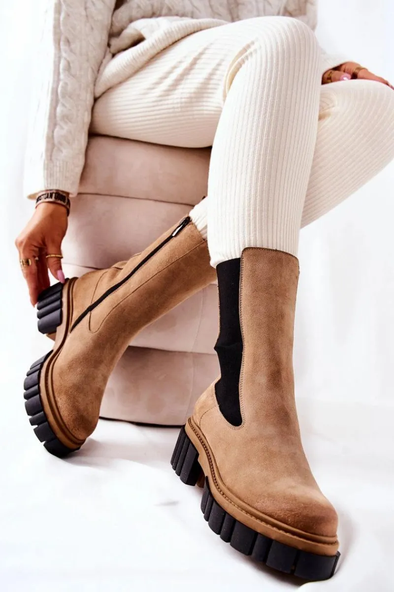 Botki Zimowe Damskie|Brązowe I Beżowe Botki>Laura Messi Skórzane Botki Workery Beżowe 2421