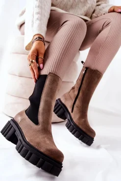 Sale Skórzane Botki Workery Ciemnobeżowe 2421 Damskie Botki Zimowe Damskie|Brązowe I Beżowe Botki