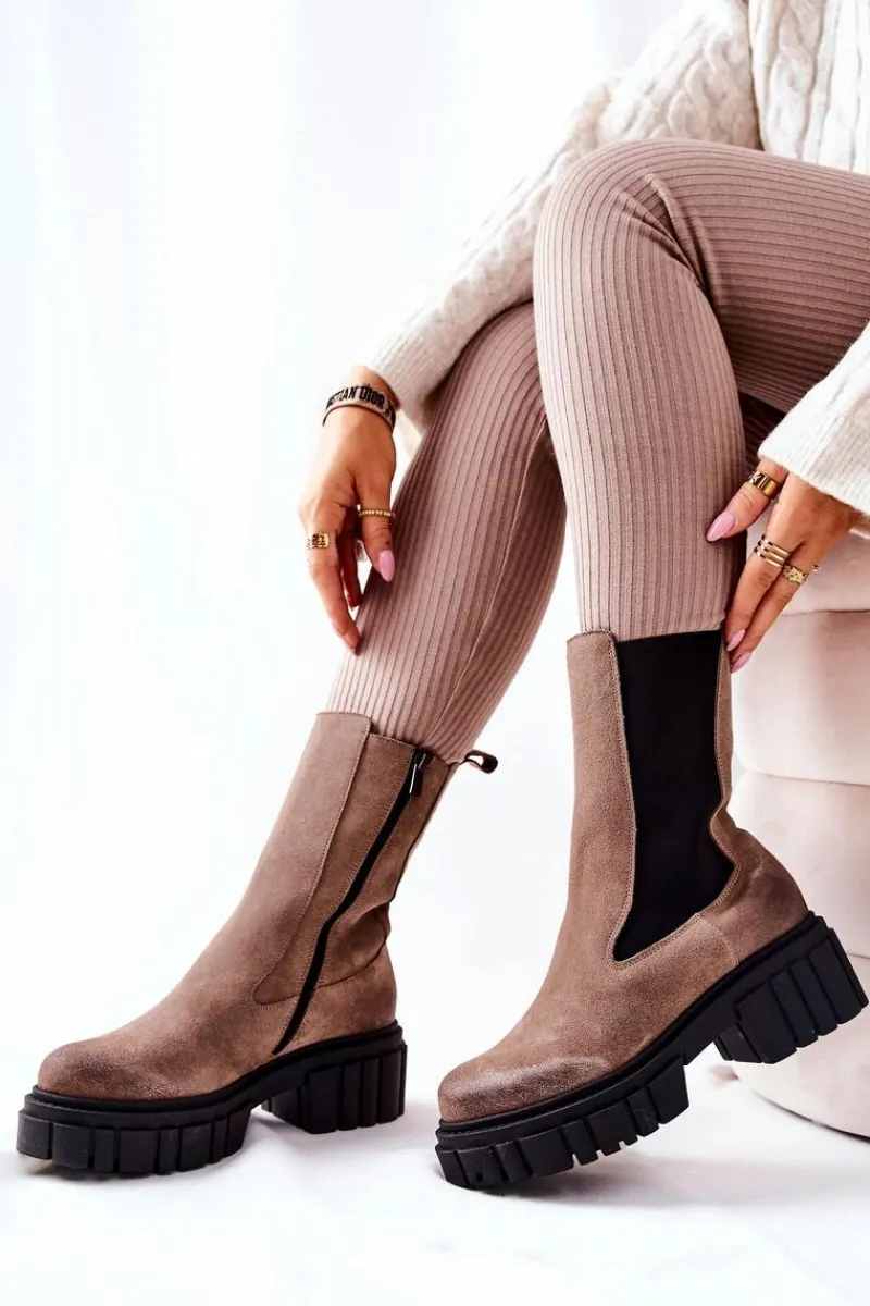 Sale Skórzane Botki Workery Ciemnobeżowe 2421 Damskie Botki Zimowe Damskie|Brązowe I Beżowe Botki