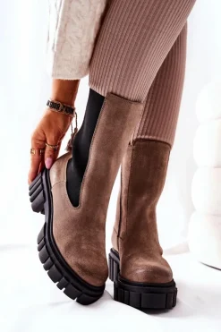 Sale Skórzane Botki Workery Ciemnobeżowe 2421 Damskie Botki Zimowe Damskie|Brązowe I Beżowe Botki