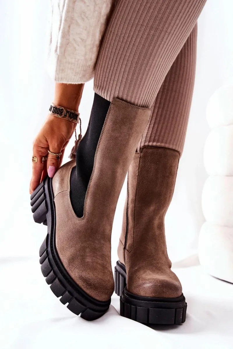 Sale Skórzane Botki Workery Ciemnobeżowe 2421 Damskie Botki Zimowe Damskie|Brązowe I Beżowe Botki