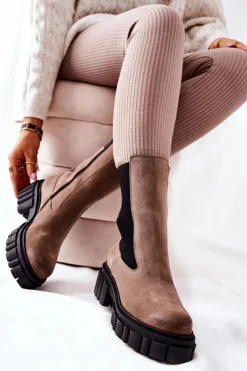 Sale Skórzane Botki Workery Ciemnobeżowe 2421 Damskie Botki Zimowe Damskie|Brązowe I Beżowe Botki