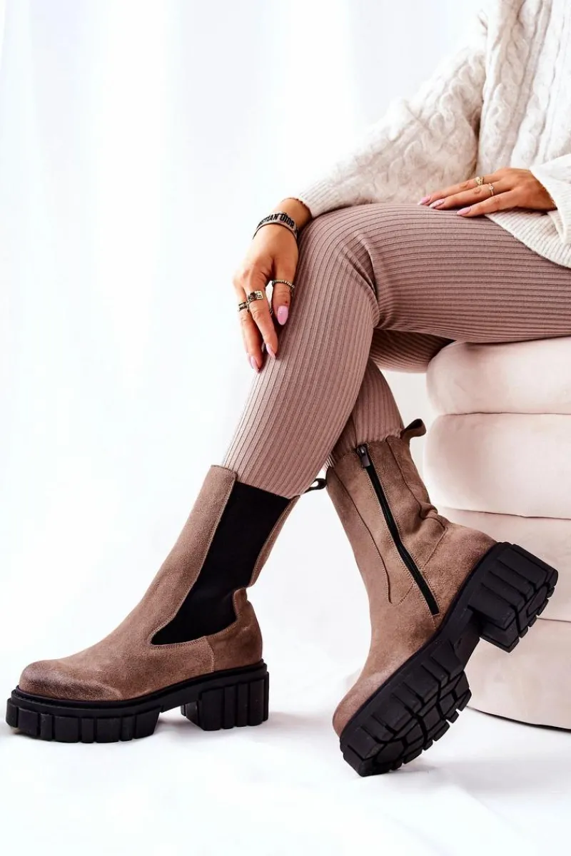 Sale Skórzane Botki Workery Ciemnobeżowe 2421 Damskie Botki Zimowe Damskie|Brązowe I Beżowe Botki