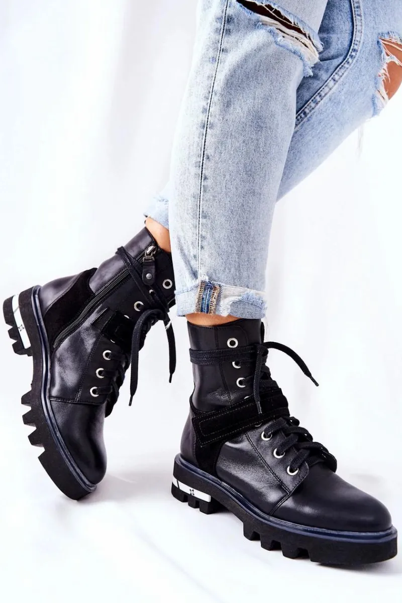 New Skórzane Botki Workery Czarne 05219-01 Damskie Botki Maciejka|Botki Sznurowane