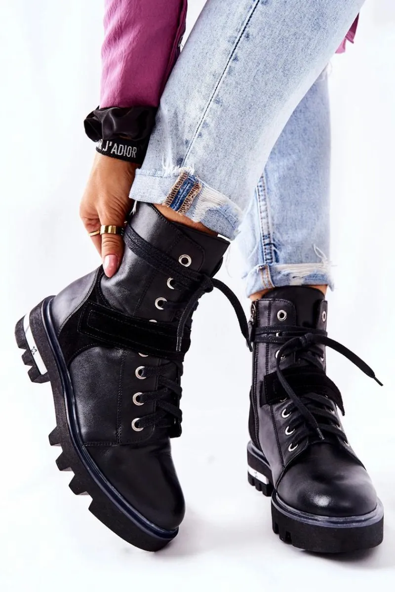 New Skórzane Botki Workery Czarne 05219-01 Damskie Botki Maciejka|Botki Sznurowane