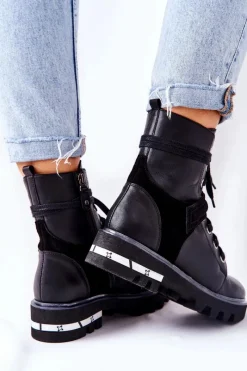New Skórzane Botki Workery Czarne 05219-01 Damskie Botki Maciejka|Botki Sznurowane