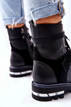 New Skórzane Botki Workery Czarne 05219-01 Damskie Botki Maciejka|Botki Sznurowane