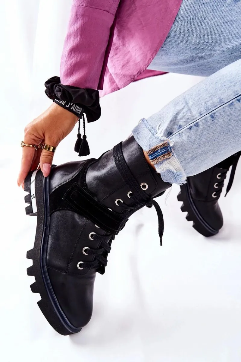 New Skórzane Botki Workery Czarne 05219-01 Damskie Botki Maciejka|Botki Sznurowane