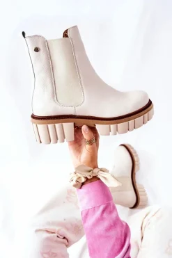 Sale Skórzane Botki Workery Beżowe 05312-04 Damskie Botki Maciejka|Brązowe I Beżowe Botki