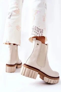 Sale Skórzane Botki Workery Beżowe 05312-04 Damskie Botki Maciejka|Brązowe I Beżowe Botki