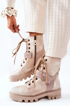 New Maciejka Skórzane Botki Workery Beżowe 05219-04