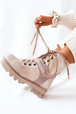 New Maciejka Skórzane Botki Workery Beżowe 05219-04