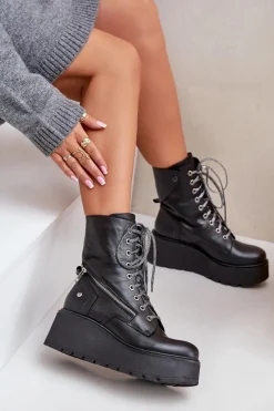 Best Skórzane Botki Workery Na Platformie I Koturnie 06676-01 Czarne Damskie Botki Ocieplane|Botki Maciejka