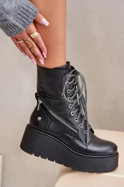 Best Skórzane Botki Workery Na Platformie I Koturnie 06676-01 Czarne Damskie Botki Ocieplane|Botki Maciejka
