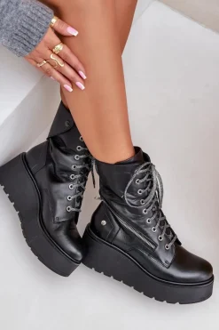 Best Skórzane Botki Workery Na Platformie I Koturnie 06676-01 Czarne Damskie Botki Ocieplane|Botki Maciejka
