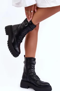 Sale Skórzane Botki Workery Na Płaskim Obcasie Z Klamrą Czarne Samivlo Damskie Botki Sznurowane|Czarne Botki