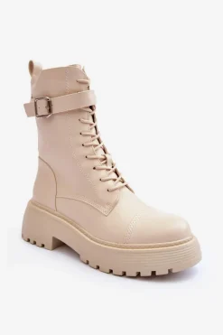 Botki Sznurowane|Brązowe I Beżowe Botki>Boto Skórzane Botki Workery Na Płaskim Obcasie Z Klamrą Jasnobeżowe Samivlo