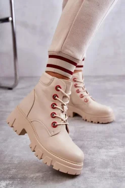 Best Skórzane Botki Workery Na Suwak Beżowe Messa Damskie Botki Sznurowane|Botki Zimowe Damskie