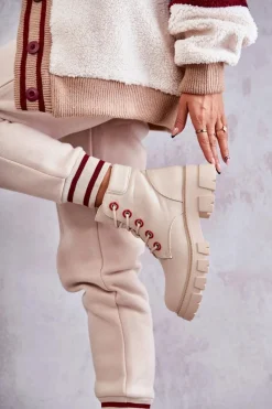 Best Skórzane Botki Workery Na Suwak Beżowe Messa Damskie Botki Sznurowane|Botki Zimowe Damskie