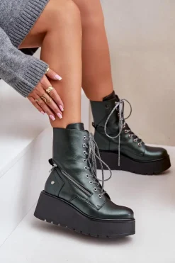 Clearance Maciejka Skórzane Botki Workery Na Platformie I Koturnie 06676-09 Zielone Zielony